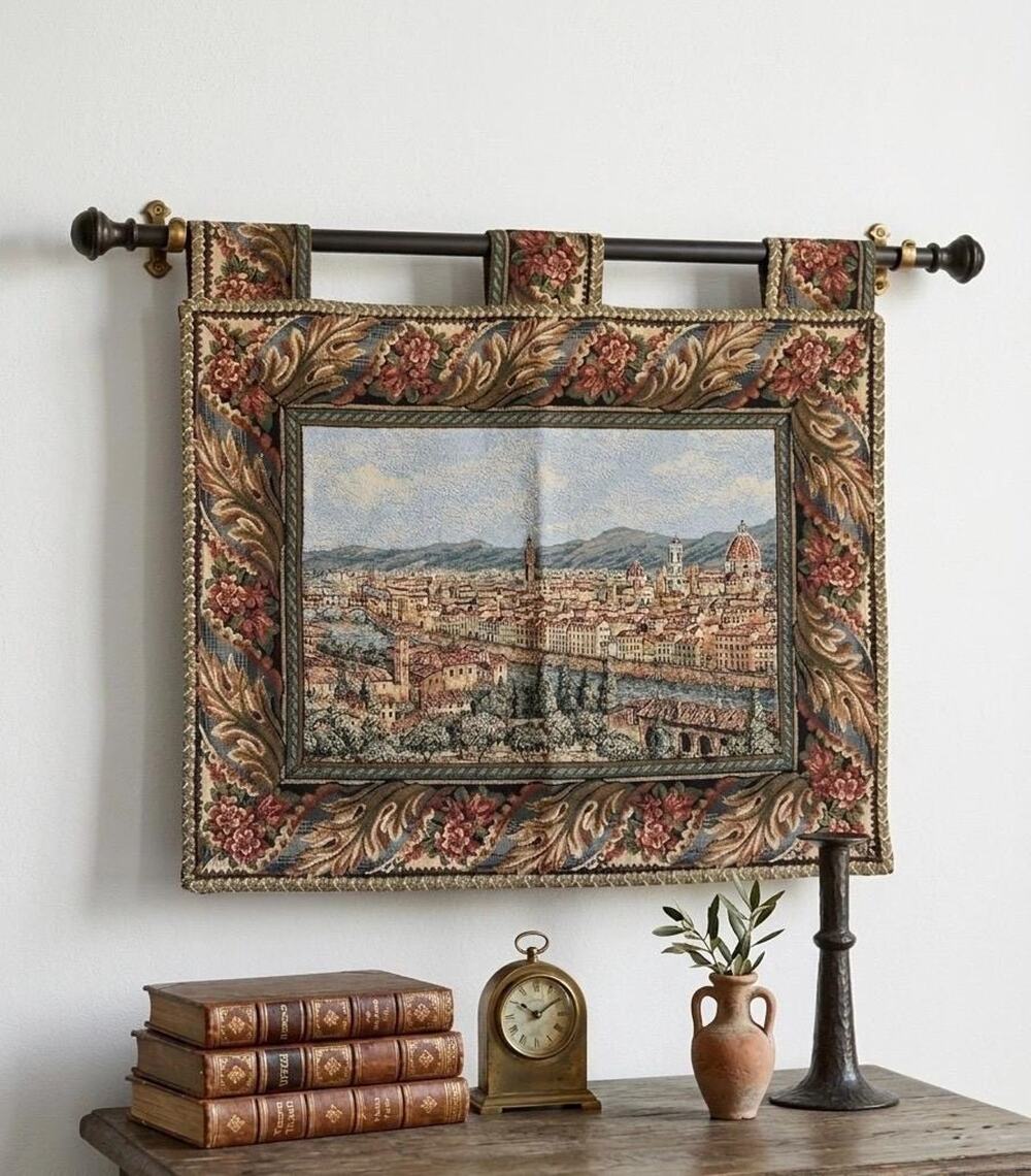 Vintage European wall tapestry - canal side village scene
